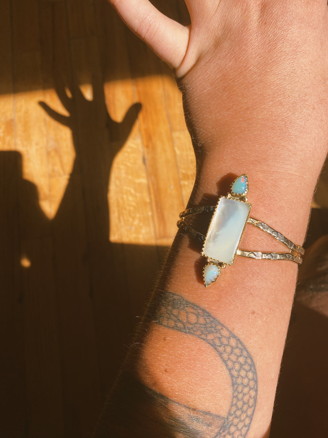 Stamped Bangle - Ethiopian Opal + Mother of Pearl