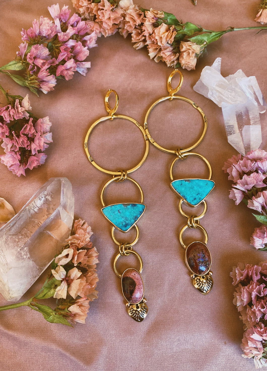 Double Drop Hoop - Tibetan Turquoise + Cantera Opal