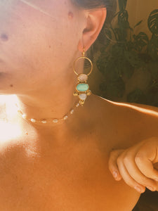 Australian Opal, Moonstone + White Water Turquoise Stamped Earrings