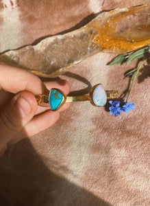 Double Stone Open Cuff - Cantera Opal + Australian Opal + Kingman Turquoise