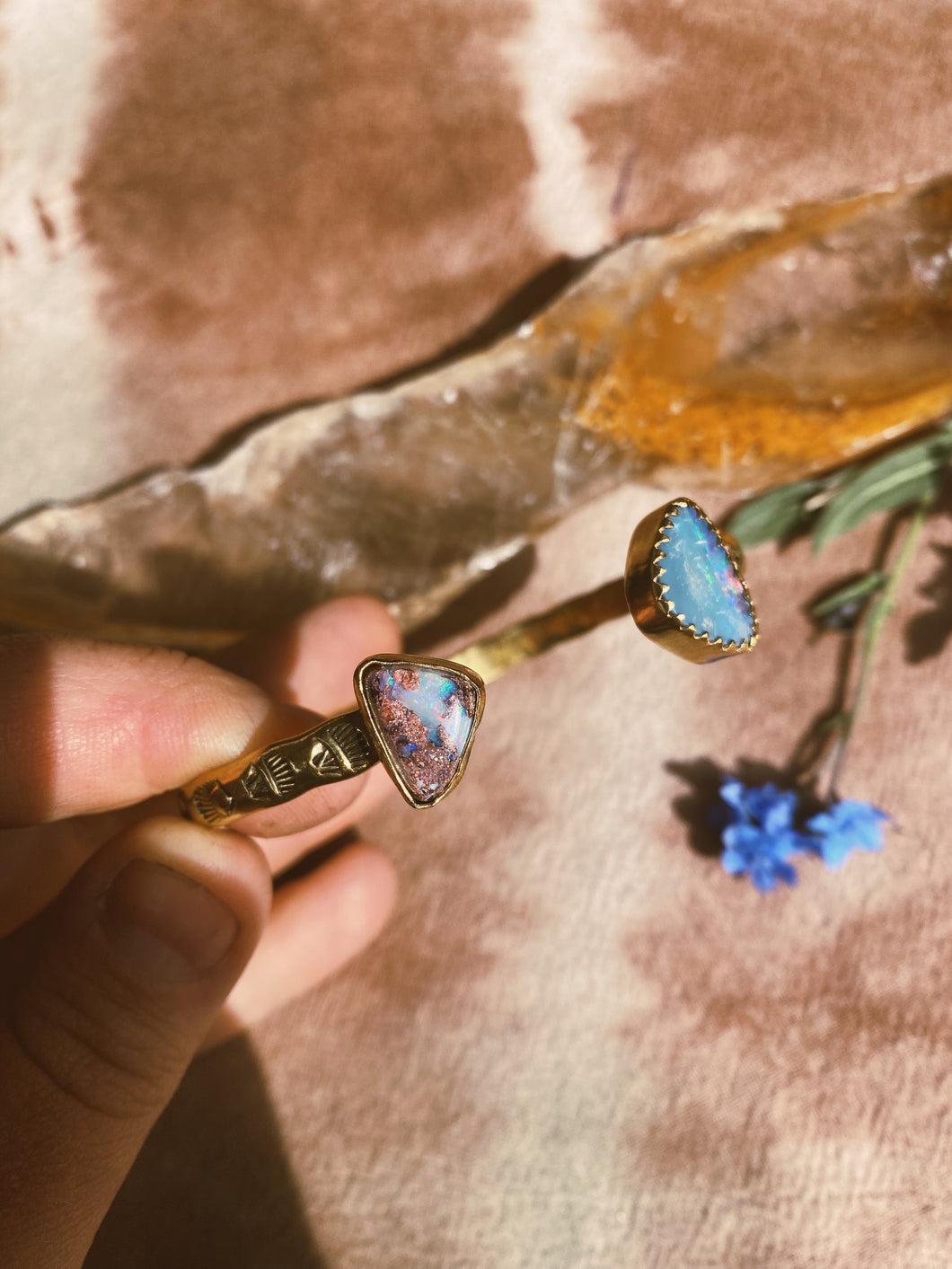 Double Stone Open Cuff - Cantera Opal + Australian Opal