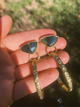 Load image into Gallery viewer, Moss Agate Stamped Hoops
