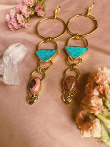 Double Drop Hoop - Tibetan Turquoise + Cantera Opal