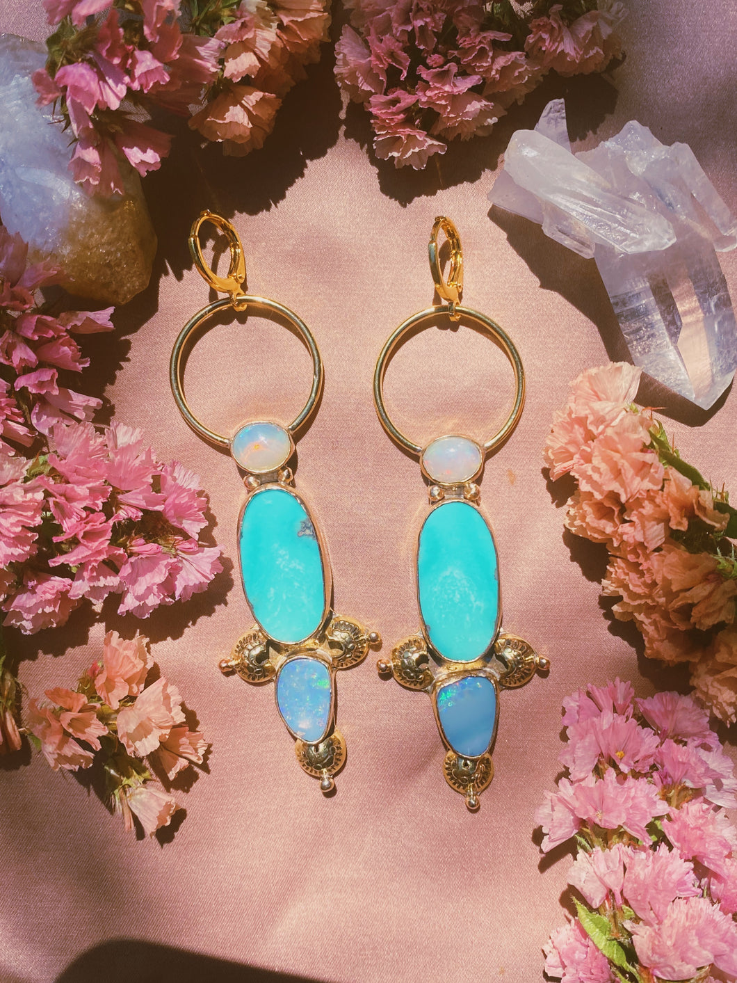 Stamped White Water Turquoise + Opal Earrings 001