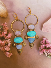Load image into Gallery viewer, Australian Opal, Moonstone + White Water Turquoise Stamped Earrings
