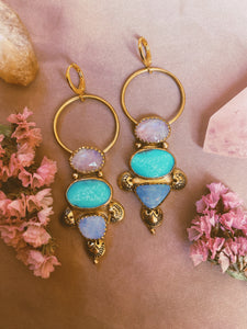 Australian Opal, Moonstone + White Water Turquoise Stamped Earrings