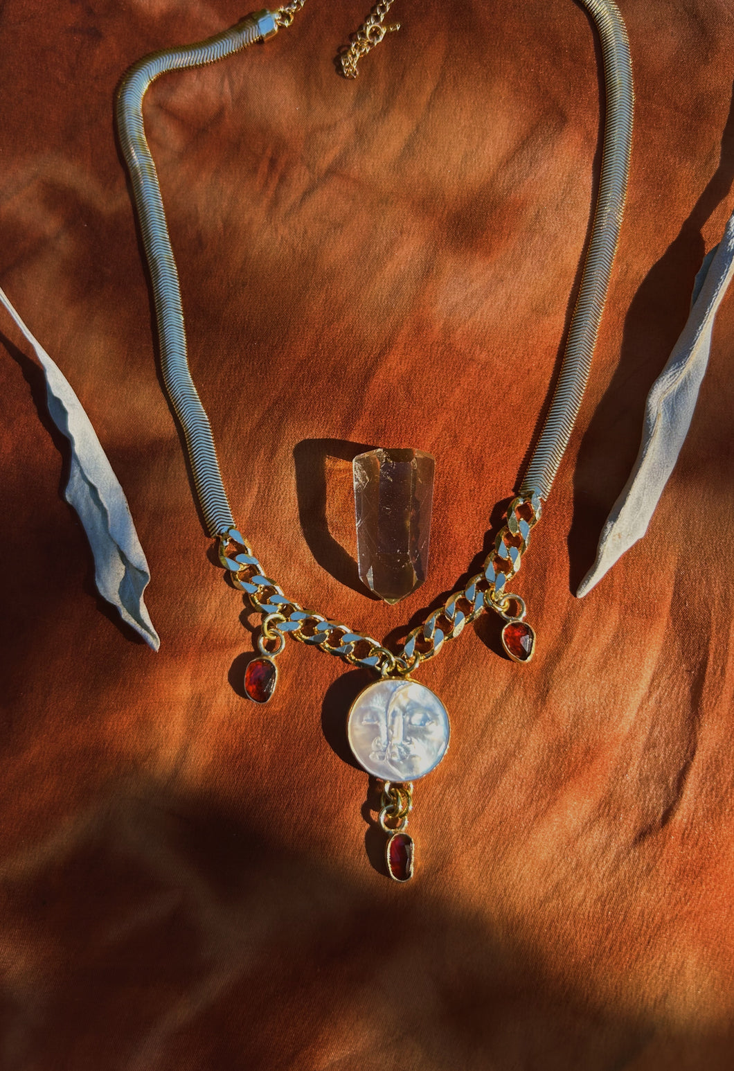 Garnet + Mother of Pearl Charm Necklace