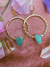 Load image into Gallery viewer, Stamped Hoop - Kingman Turquoise with Pyrite Flecks
