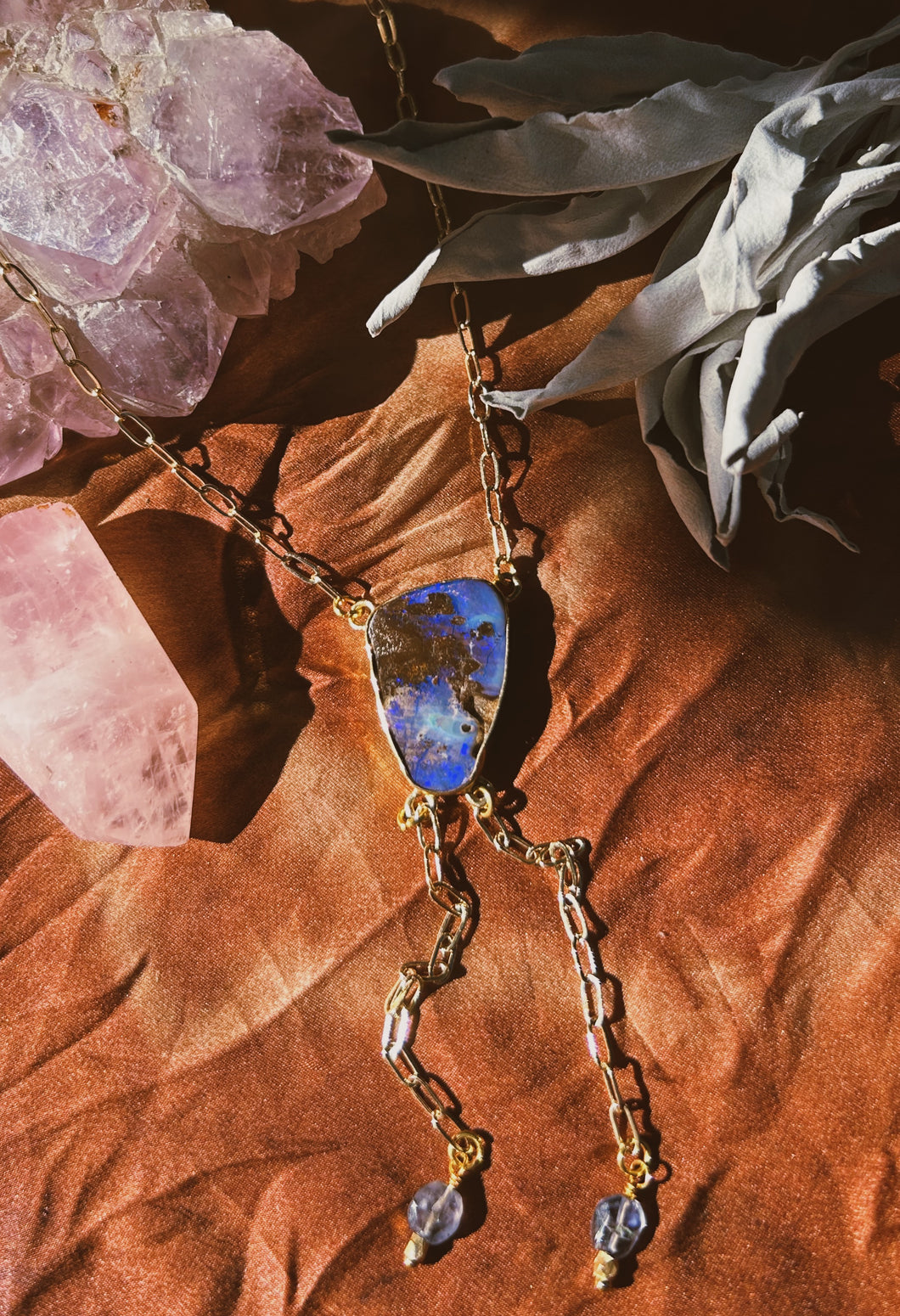 Boulder Opal + Iolite Lariat