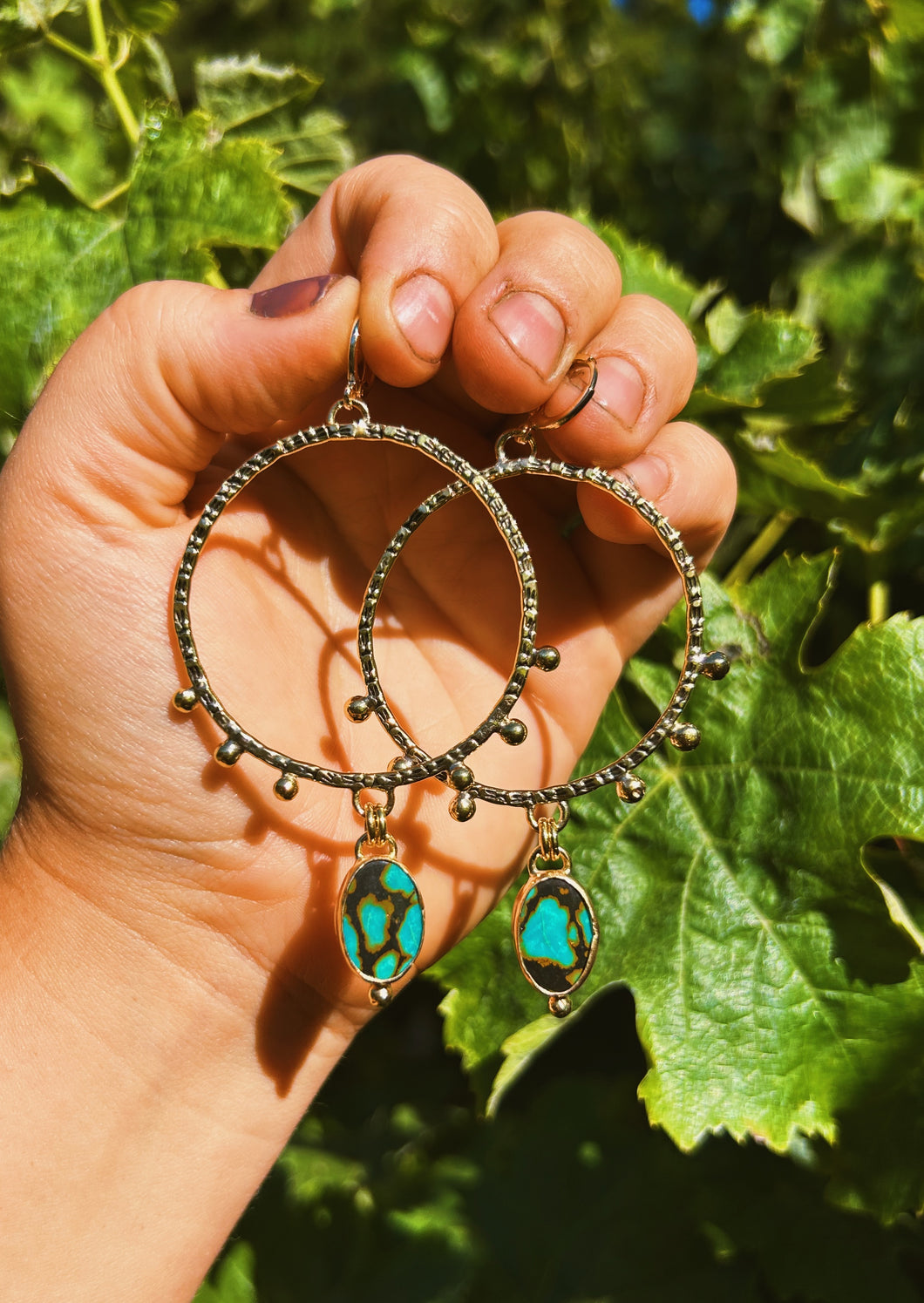 Hubei Turquoise Stamped + Dotted Hoops 002