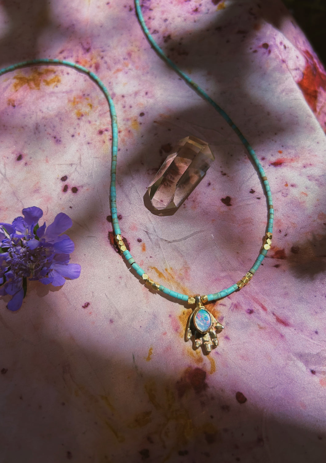 Turquoise + Australian Opal Beaded Charm Necklace