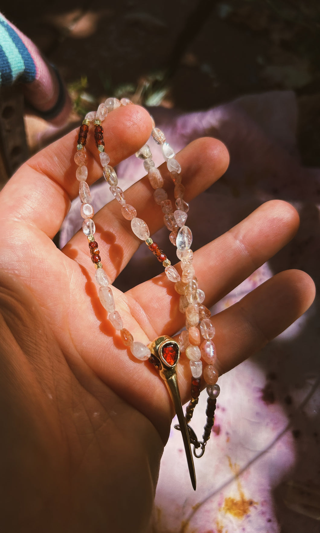 Sunstone + Garnet Beaded Charm Necklace