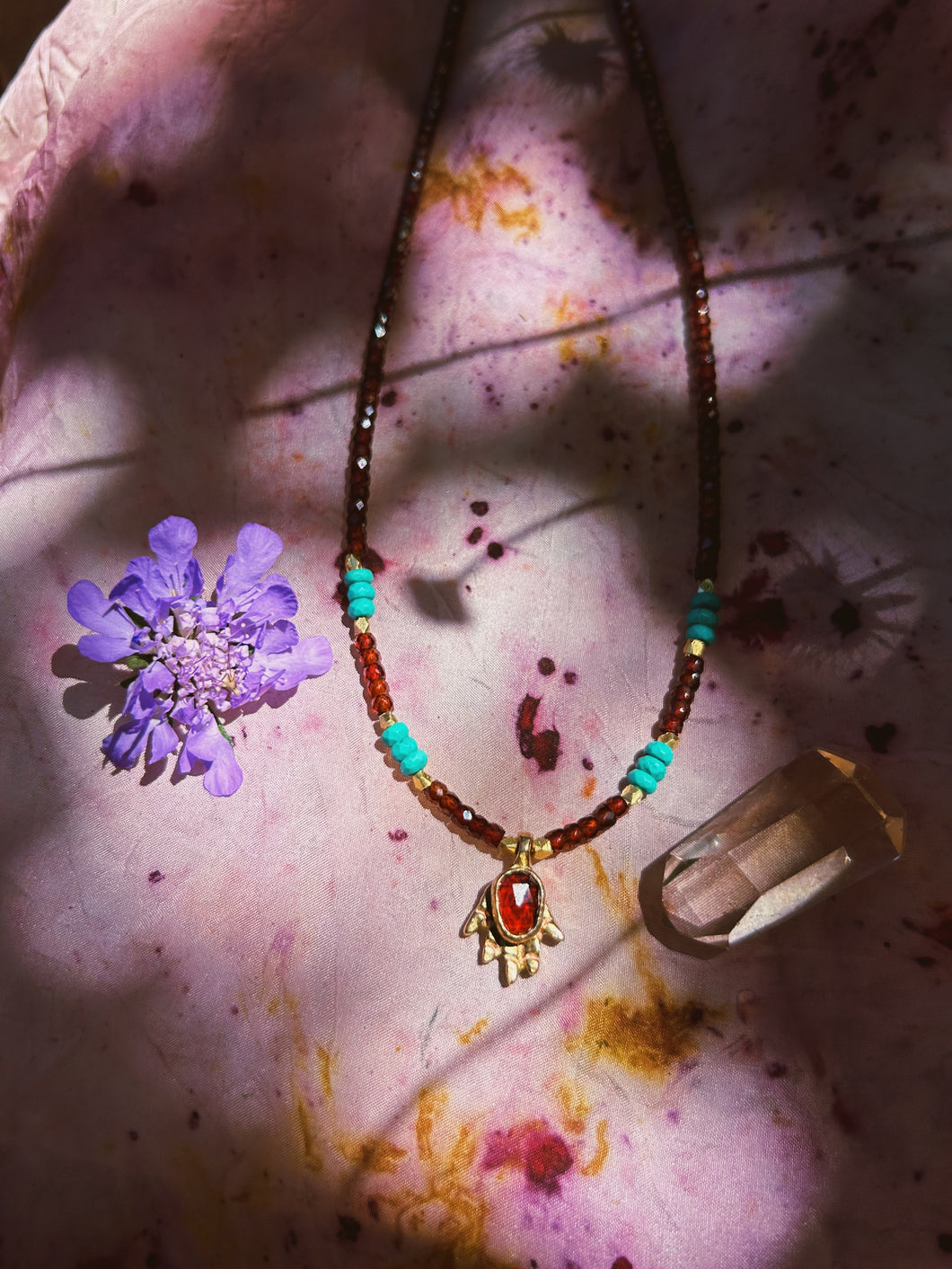 Garnet + Turquoise Beaded Charm Necklace