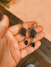 Load image into Gallery viewer, Flower Agate + Obsidian Double Drop Earrings
