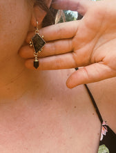 Load image into Gallery viewer, Flower Agate + Obsidian Double Drop Earrings
