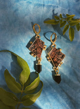 Load image into Gallery viewer, Flower Agate + Obsidian Double Drop Earrings
