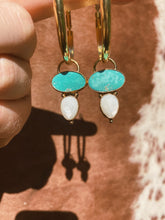 Load image into Gallery viewer, White Water Turquoise + Facted Mother of Pearl Hoops
