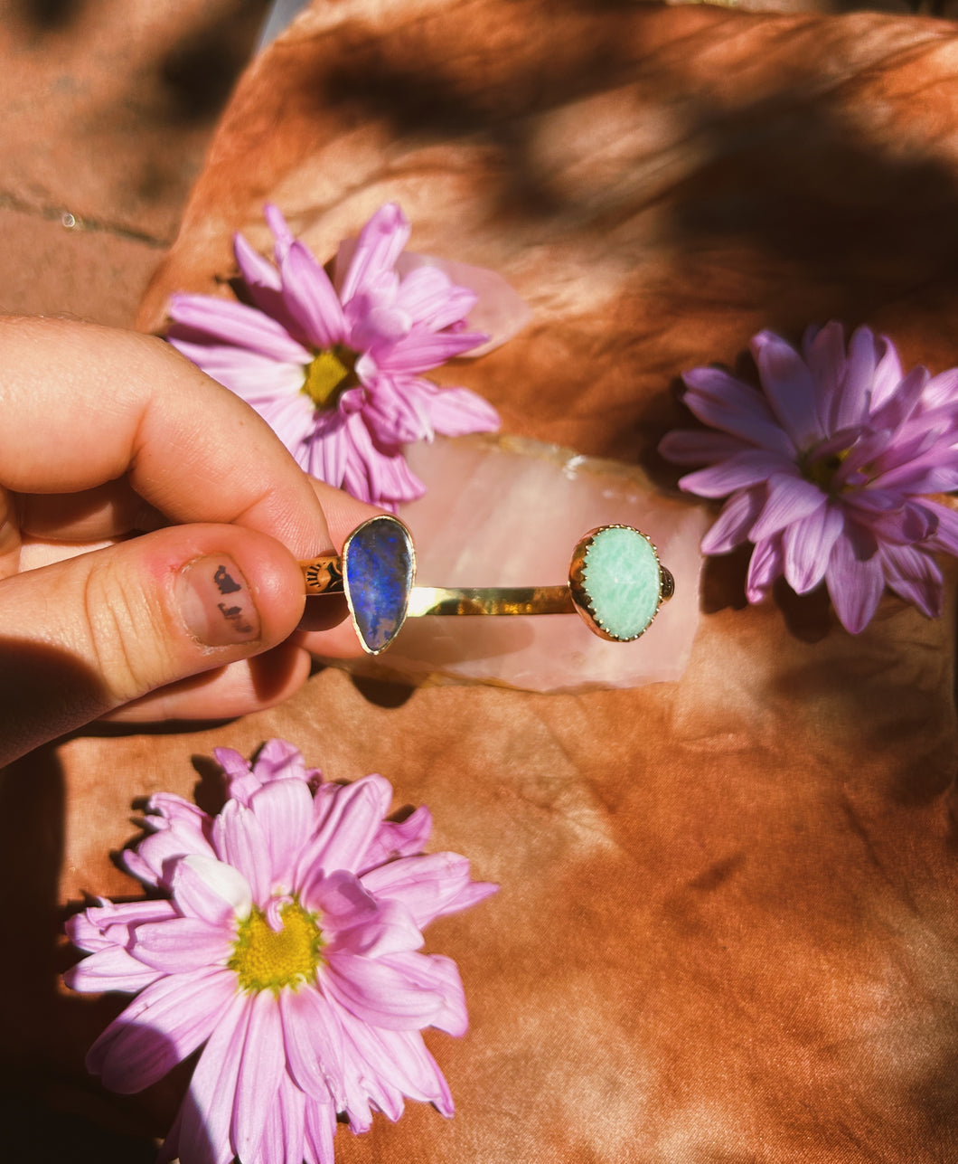 Boulder Opal + Amazonite Stamped Double Bangle