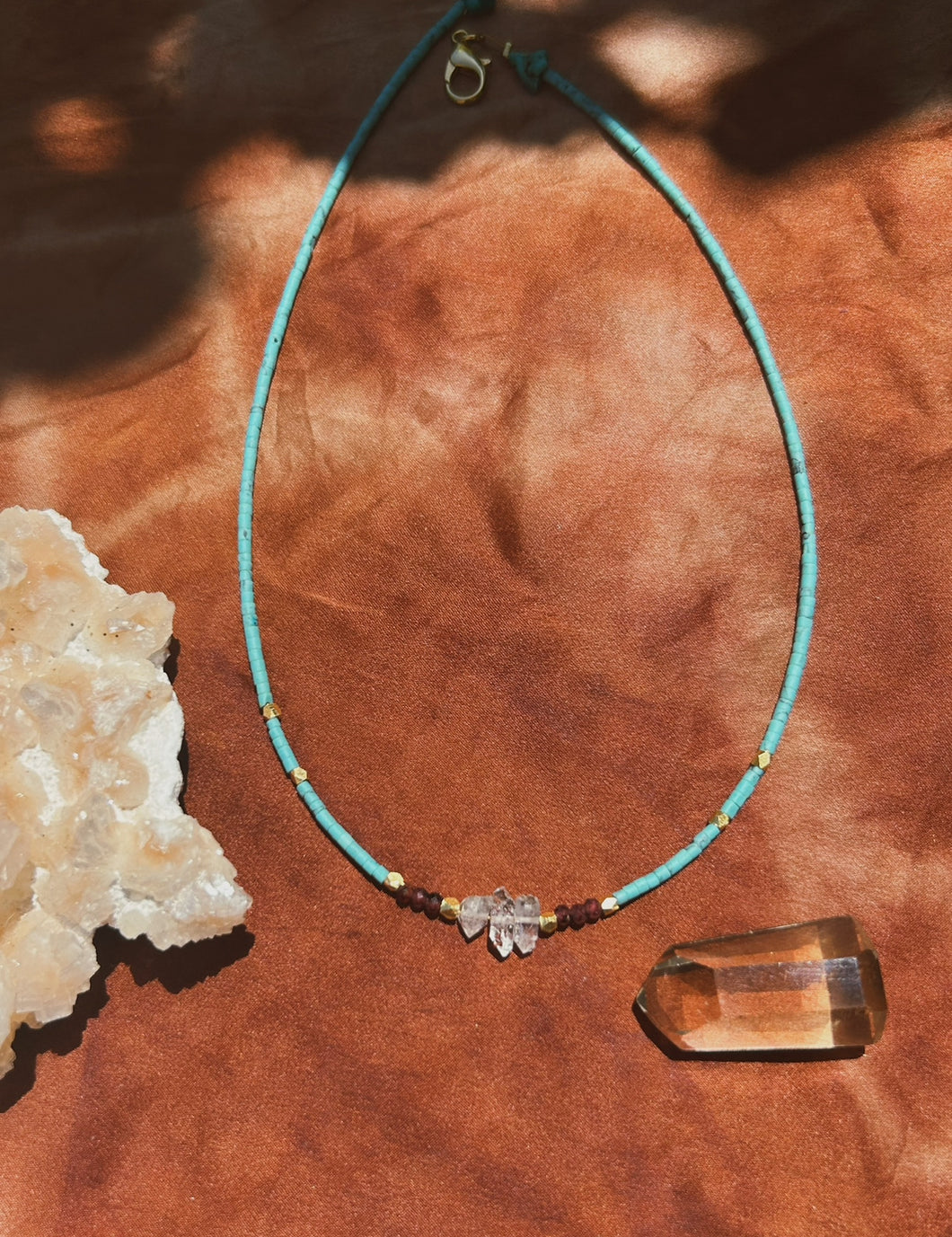 Kingman Turquoise + Herkimer Diamond Heishi Necklace