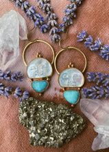 Load image into Gallery viewer, Moon Earrings - Mother of Pearl + Faceted Larimar
