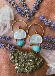 Moon Earrings - Mother of Pearl + Faceted Larimar