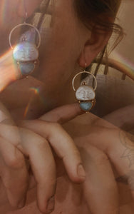 Moon Earrings - Mother of Pearl + Faceted Larimar